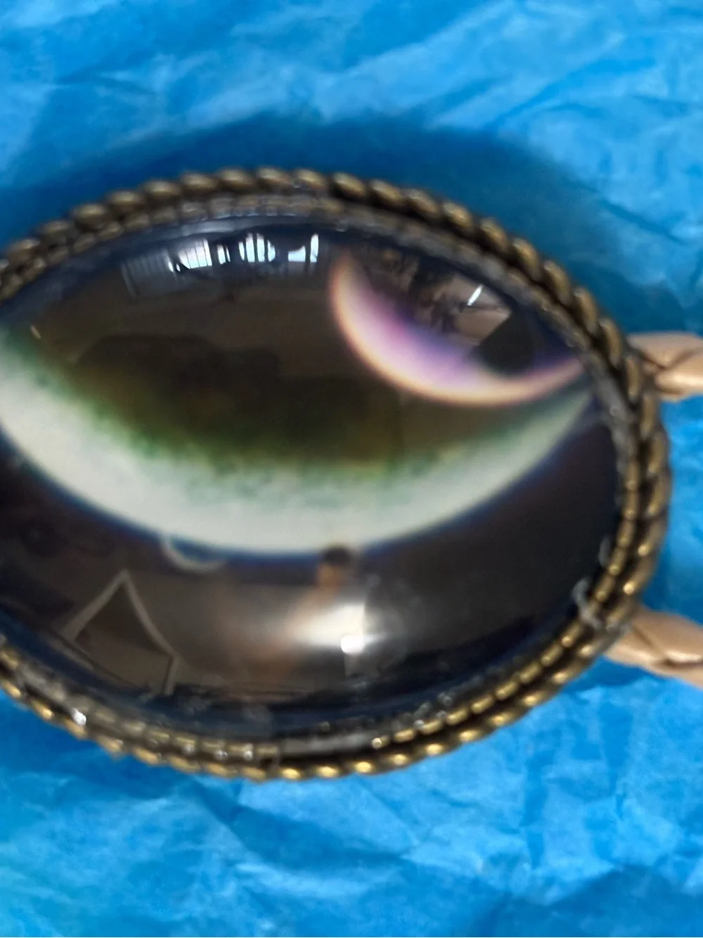 Vintage-Style Oval Glass Pendant Necklace in Black and Brass Bolo Tie
